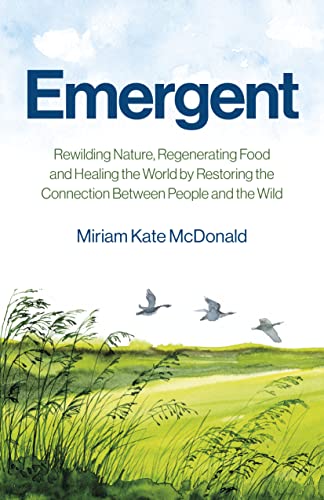 Book cover with title "Emergent," a green landscape, and flying birds.