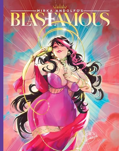 Comic book cover: woman with microphone, pink dress, and ornate background.
