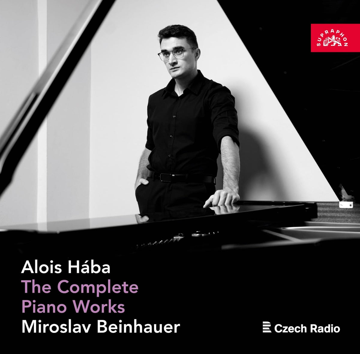 Pianist Miroslav Beinhauer in black shirt, album cover for Alois Haba.