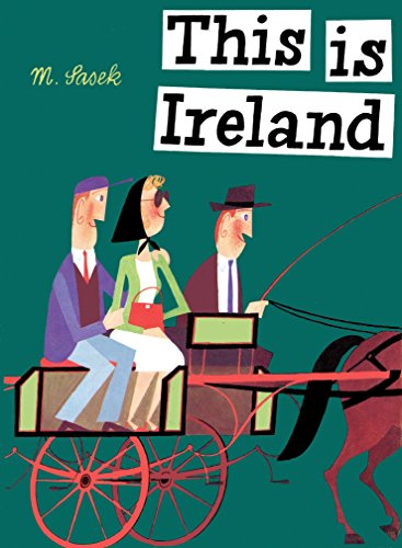 A colorful illustration of three people riding in a horse-drawn carriage on green background.