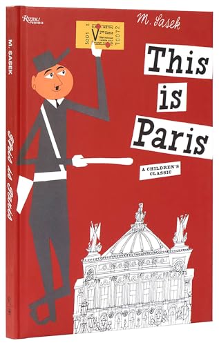 Red book cover with cartoon man and Parisian building illustrations.