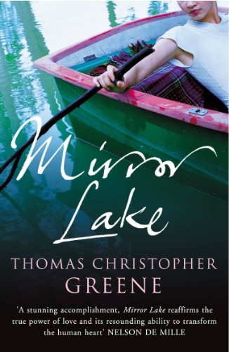 Book cover: green rowboat on water, person rowing, title "Mirror Lake".