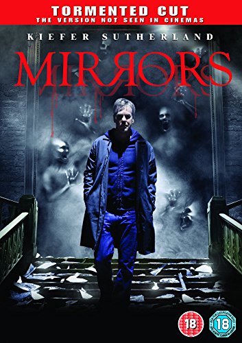 DVD cover for horror film "Mirrors" featuring a man on stairs.