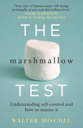 Book cover with a marshmallow on a teal background, titled "The Marshmallow Test".