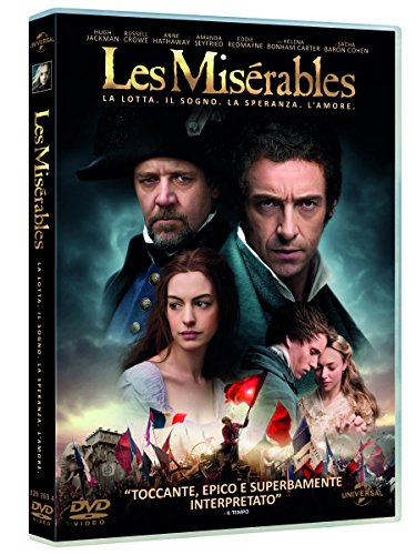 DVD cover for “Les Misérables” featuring Hugh Jackman, Anne Hathaway, and Russell Crowe.