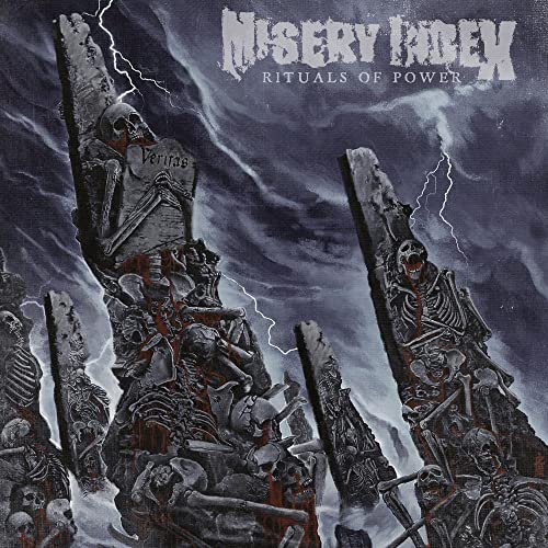 Album cover for Misery Index’s “Rituals Of Power” featuring skeletal figures and tombstones.