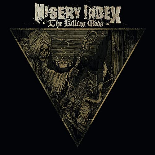 Album cover for Misery Index’s “The Killing Gods” featuring skeletal figures.