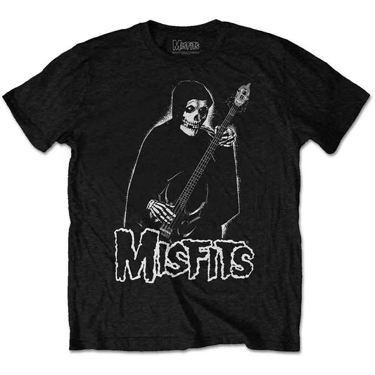 Black Misfits t-shirt with a white skeletal bassist graphic.