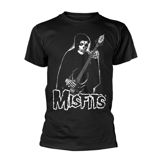 Black t-shirt with a white skeletal figure playing bass and "MISFITS" text.