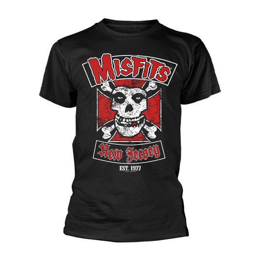 Black Misfits t-shirt with skull and crossbones graphic, "New Jersey".