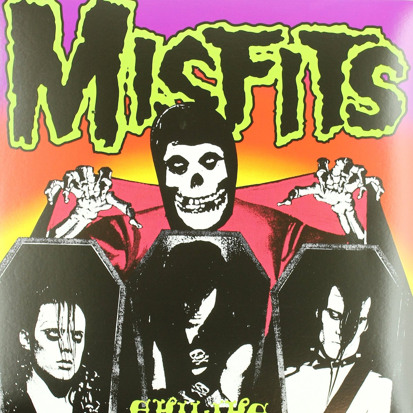 Misfits album cover: skull-faced figure with outstretched hands and flanking portraits.