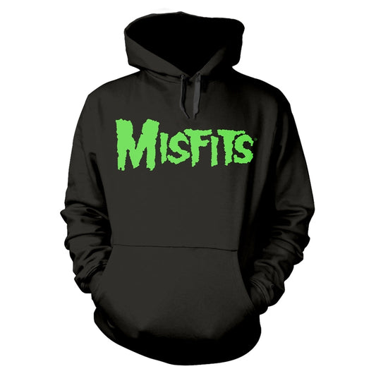 Black hoodie with green “Misfits” logo and glow-in-the-dark skull design.