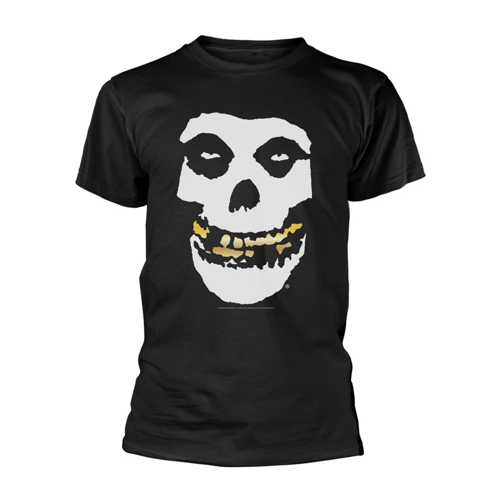 Black t-shirt with a white skull graphic featuring gold teeth.