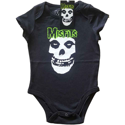 Baby grow with skull and Misfits logo, suitable for an 18-month-old.