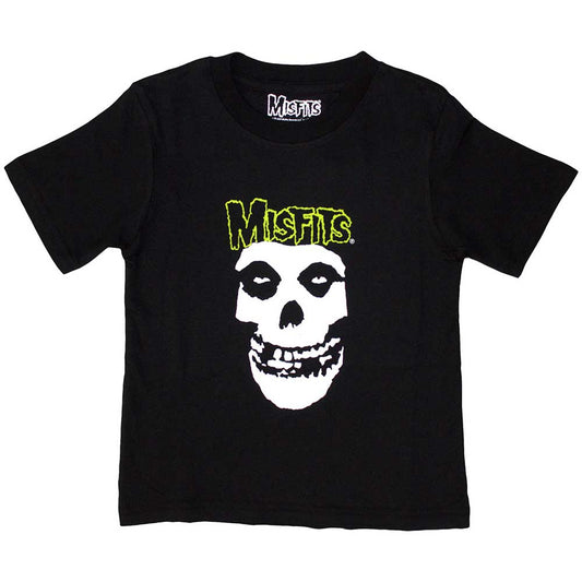 White kids t-shirt with a skull graphic and Misfits band logo print.