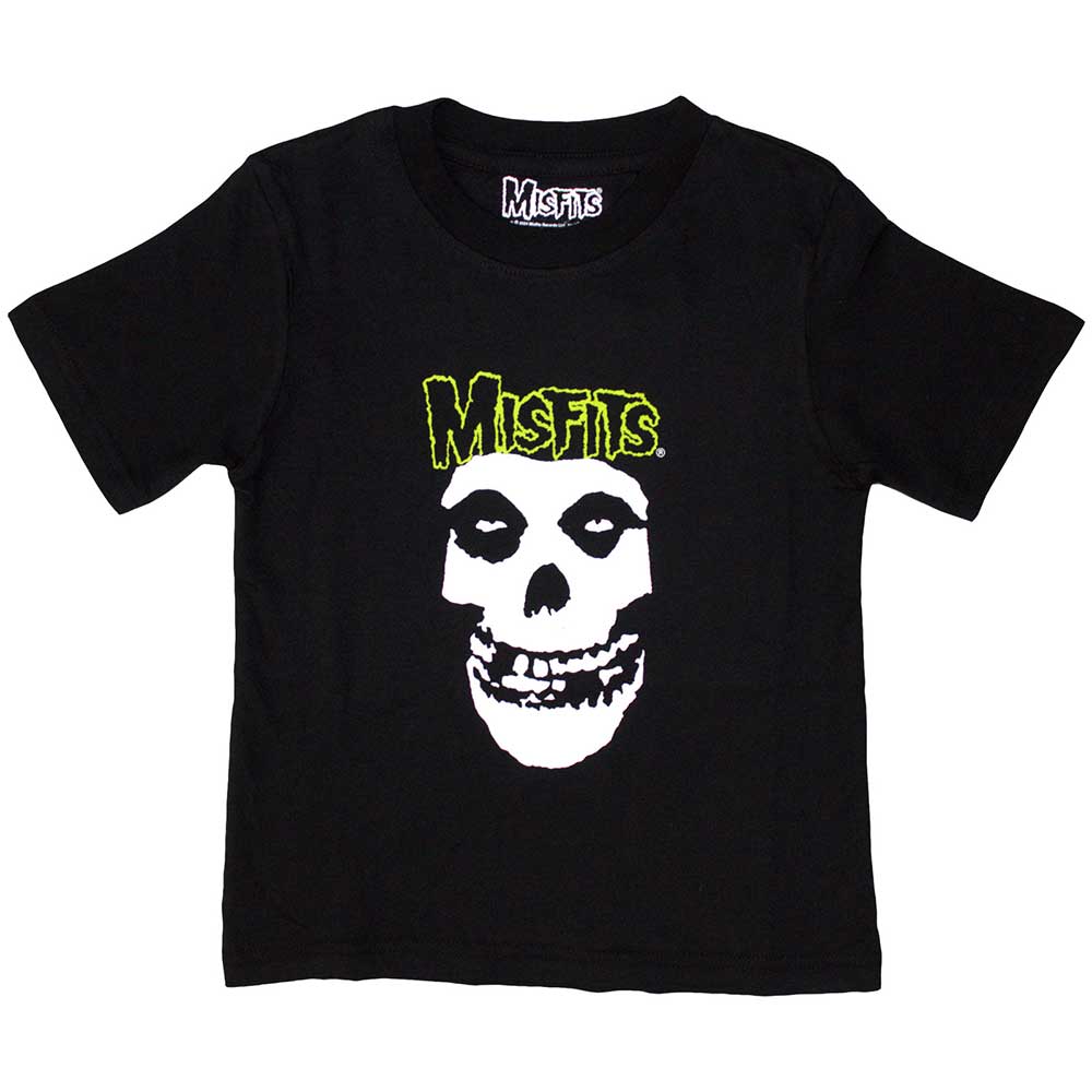 White kids t-shirt with a skull graphic and Misfits band logo print.