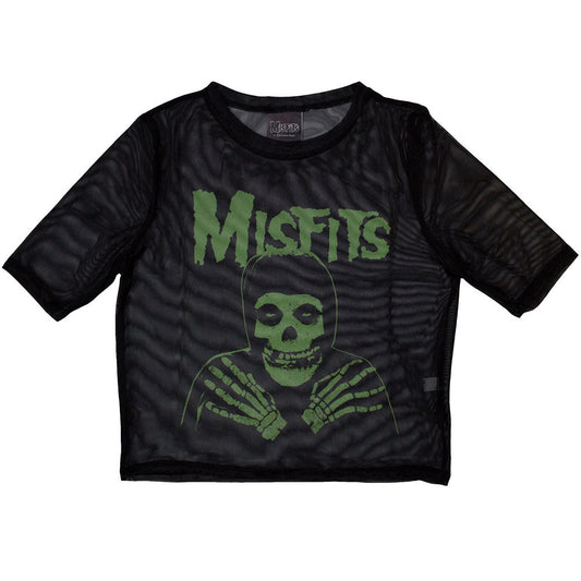 A lime green women's mesh crop top featuring a Misfits logo graphic.
