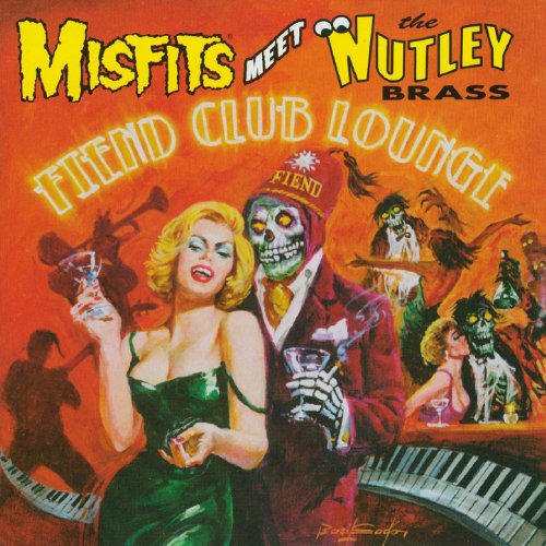 CD cover: Misfits & Nutley Brass, retro illustration of monsters and a woman.