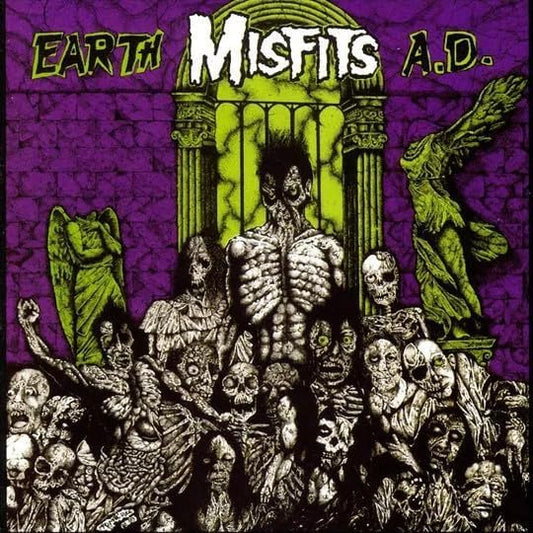 Misfits album cover: purple and green gothic illustration of skeletal figures.