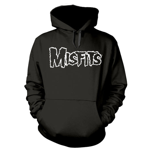 Black hooded sweatshirt with white "MISFITS" skull logo graphic.