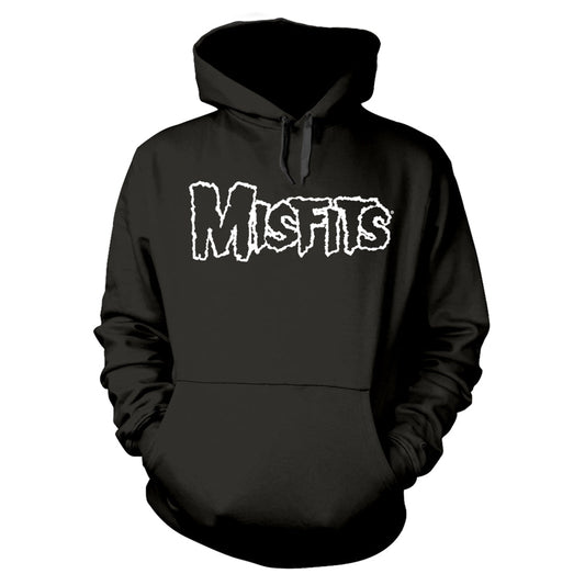Black hooded sweatshirt with white "MISFITS" skull logo graphic.