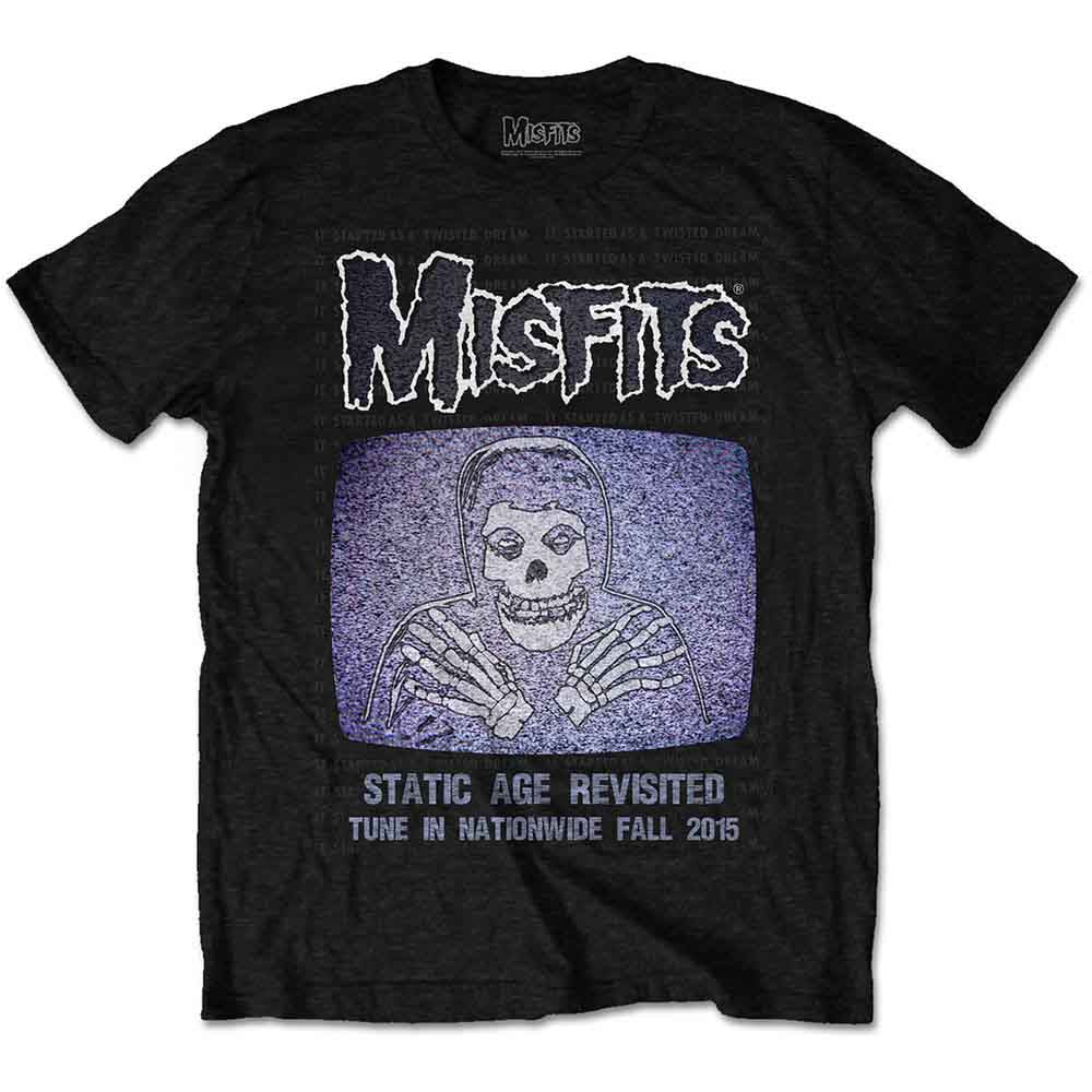 Black Misfits t-shirt with skull graphic and band logo print.