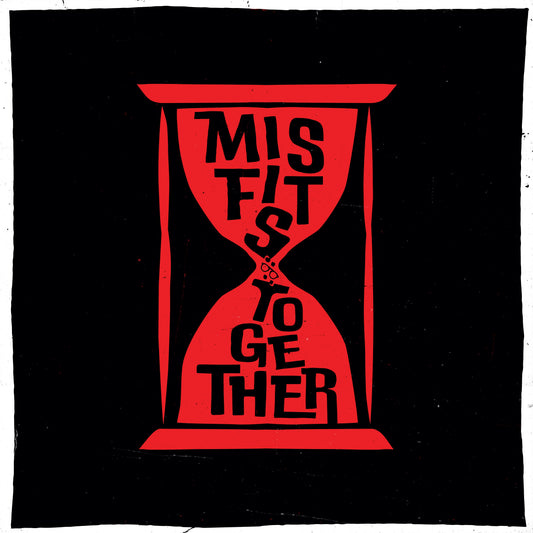 Red hourglass shape with black text reading "Misfits Together.
