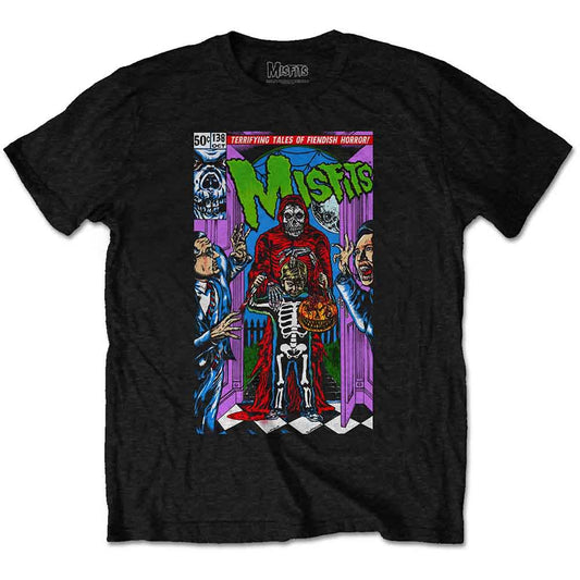 Man wearing a black Misfits t-shirt with a comic book design.