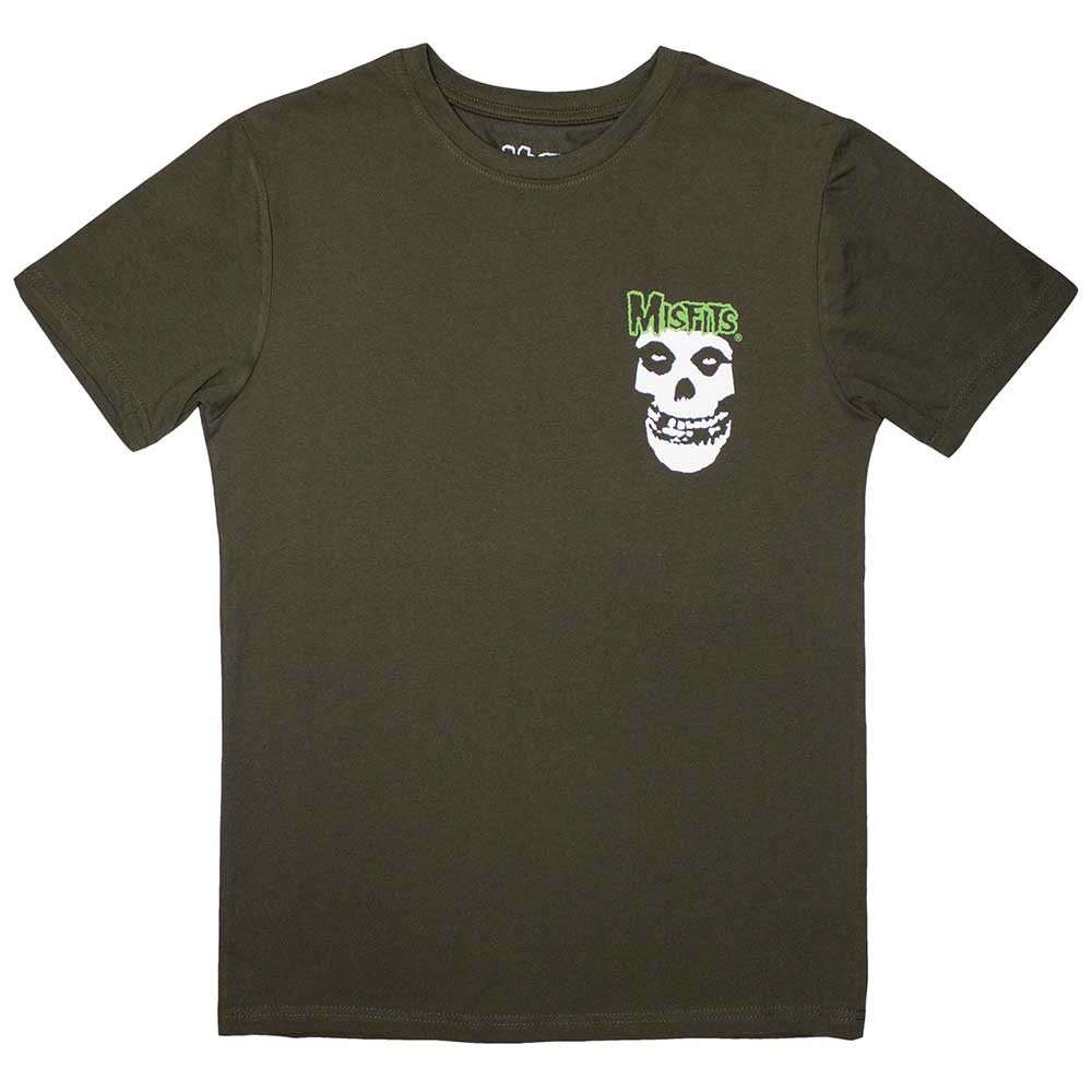 Black unisex t-shirt featuring a small Misfits skull logo on the chest.