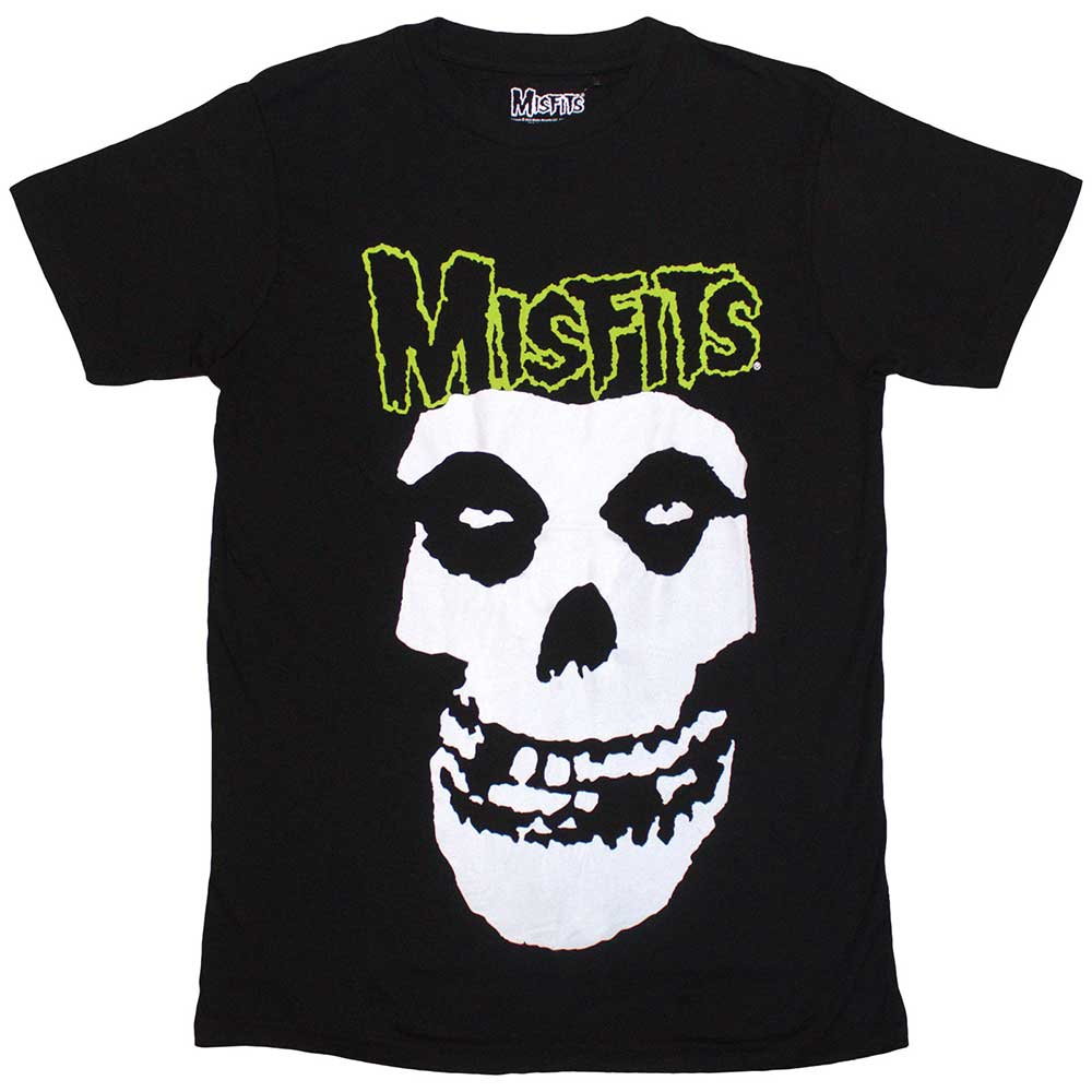 Black unisex t-shirt featuring the classic Misfits skull logo in white.