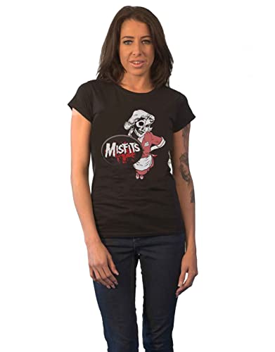 Black t-shirt with a white and red graphic of a skeletal waitress.