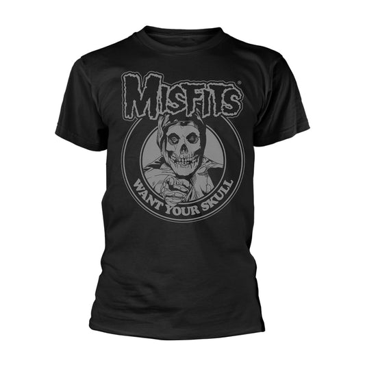 Black t-shirt with a grey skull and "Misfits" text graphic.