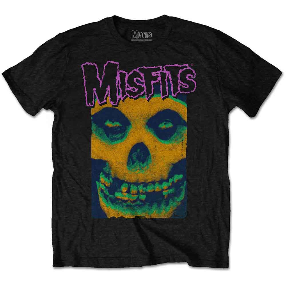 Black Misfits t-shirt with purple and yellow skull graphic.