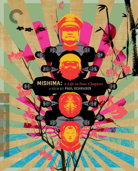 Stylized poster for Mishima: A Life in Four Chapters featuring portraits and floral motifs.