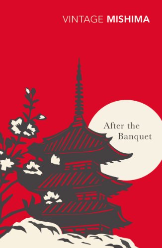 Book cover featuring a pagoda silhouette, flowers, and a large moon on red background.