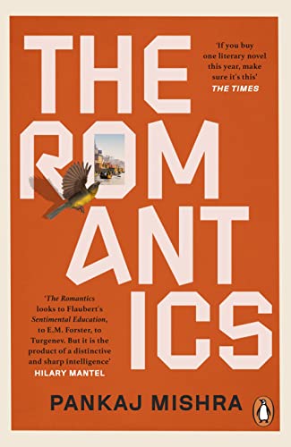 Book cover: "The Romantics" with orange background, bird, and city scene.