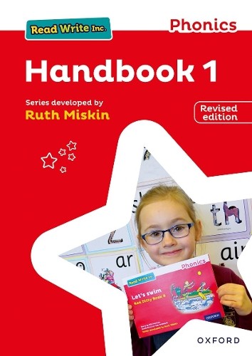 Red handbook cover with child reading, phonics charts, and stars.