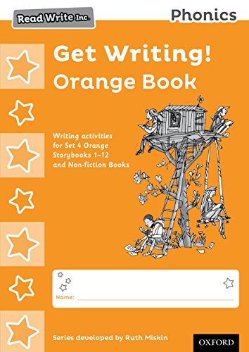 Orange "Get Writing!" phonics book cover with children in a treehouse.
