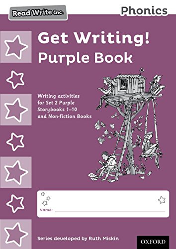 Purple "Get Writing!" phonics workbook with children playing in a treehouse.