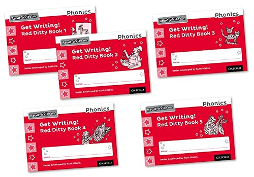Five red "Read Write Inc. Phonics: Get Writing!" ditty books stacked.
