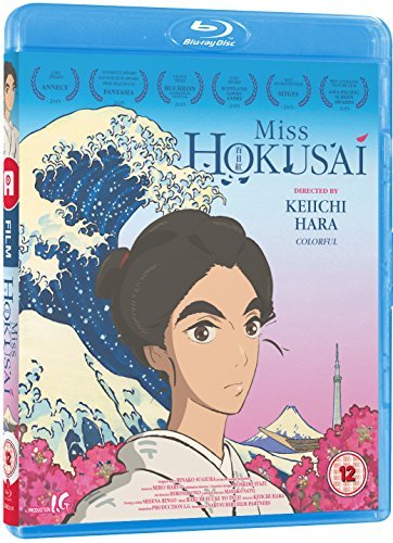 Blu-ray cover for "Miss Hokusai" featuring an anime-style portrait and wave art.