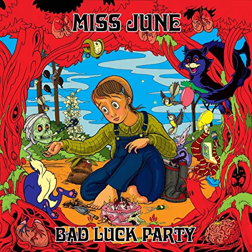 "Album cover art: cartoon girl surrounded by surreal, ominous creatures and text."