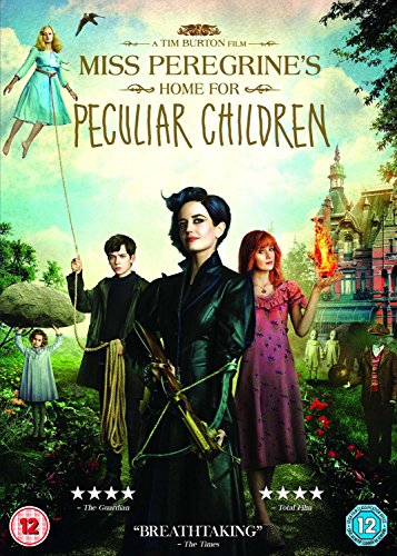 "Miss Peregrine's Home for Peculiar Children" DVD cover featuring main characters and a house.