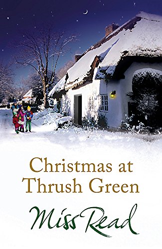 Snowy cottage scene with children, book cover for "Christmas at Thrush Green".