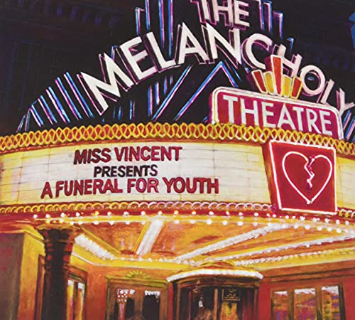 Painting of a theater marquee reading Miss Vincent Presents A Funeral For Youth.