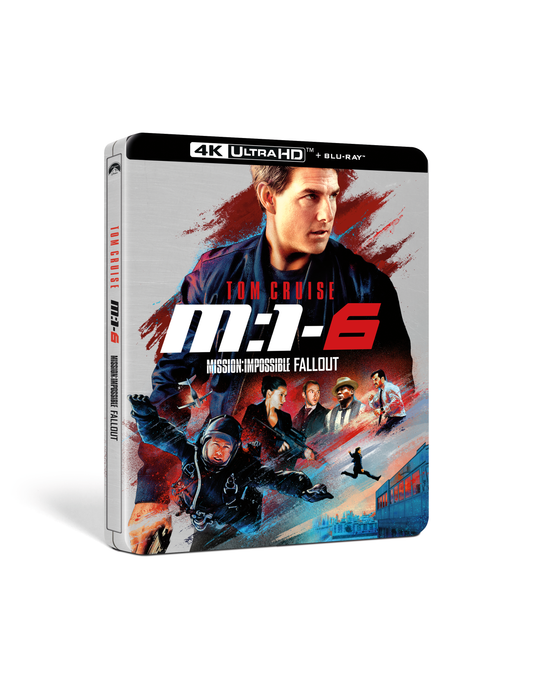 "Steelbook case for 'Mission: Impossible 6 - Fallout' with Tom Cruise on the cover."