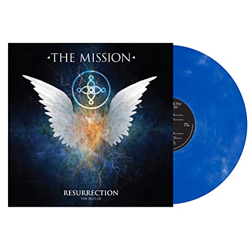The Mission “Resurrection” vinyl record with blue disc and wing design.