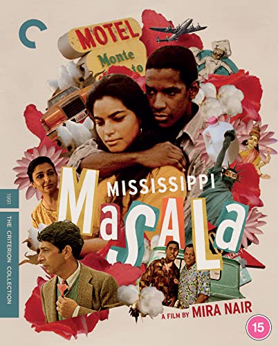 Mississippi Masala" Criterion Blu-ray cover featuring a couple amidst cultural imagery.