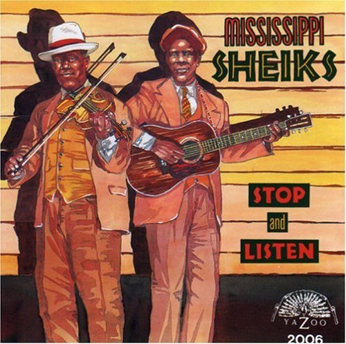 "Album cover art featuring two musicians, one with violin, one with guitar, in suits."