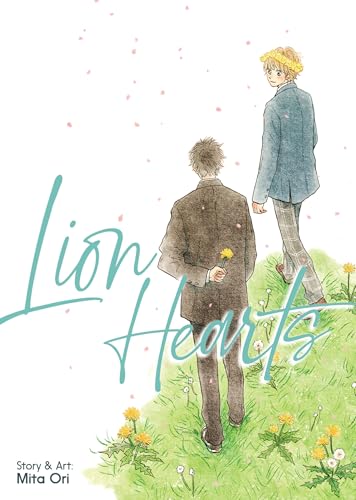 Two young men in suits walk in a field of dandelions.
